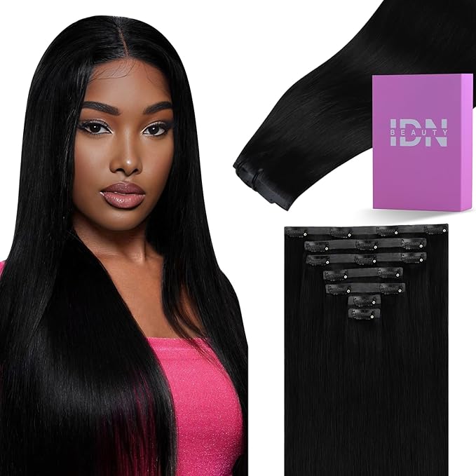 IDN BEAUTY Seamless Clip In Hair Extensions Human Hair Jet Black Real Remy Virgin Human Hair Seamless Clip Ins For Black Women PU Weft Invisible Edge Thick Soft Hair ST 110g 14 Inches