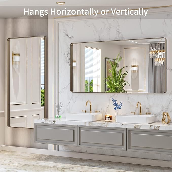 LOAAO 60”X30” Bronze Bathroom Mirrors for Vanity, Rounded Rectangle Brushed Bronze Metal Frame Mirror, Anti-Rust, Tempered Glass, Hangs Horizontally or Vertically