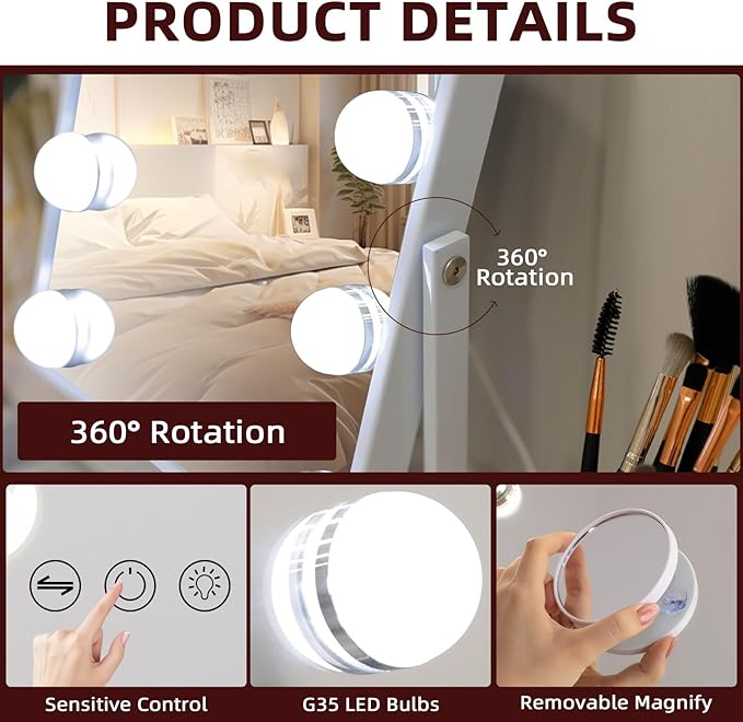 VANITII Vanity Mirror with Lights Hollywood Lighted Makeup Mirror with 9 Dimmable Bulbs Smart Touch Control 3 Colors Light for Bedroom, Detachable 10X Magnification, 360°Rotation