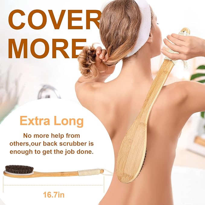 Bamboo Shower Brush with Curved Long Handle, 16.7 Inches Exfoliating Back Scrubber with Natural Bristles for Men & Women, Back Exfoliator Body Washer for Bath or Dry Brushing