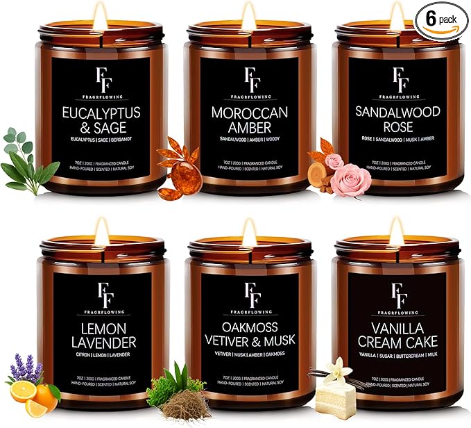 Scented Candles Set, Candles for Home Scented Soy Wax Candles, 6 Pack 42 Oz Aromatherapy Candles Gift Set for Women Men (Lemon/Vanilla/Sage/Rose/Amber/Vetiver)