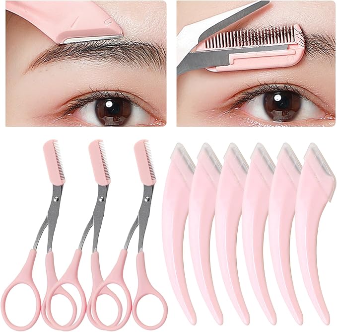 9 Pcs Eyebrow Trimmer Scissors with Comb, Curved Eye Brow Razor, Non-Slip Stainless Steel Facial Hair Removal Grooming, Brow Shaping Beard Shaving Kit Beauty Accessories for Women Men