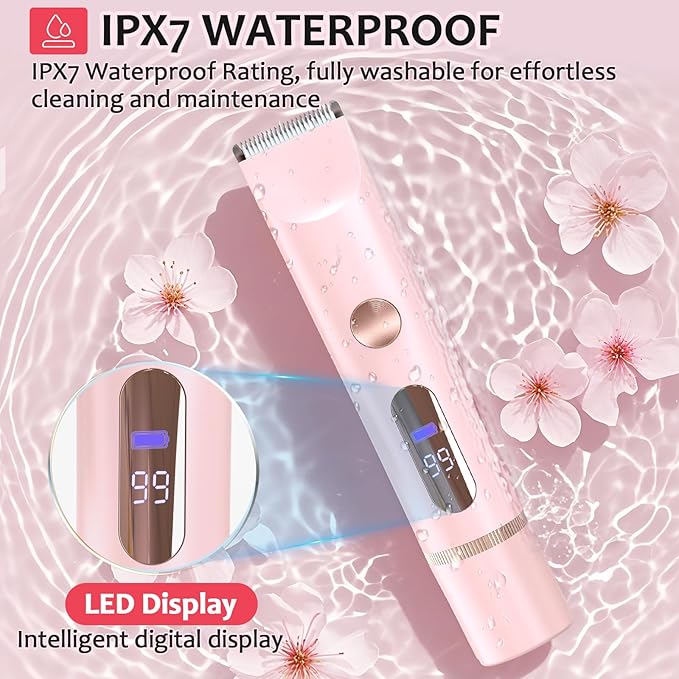 Bikini Trimmer for Women, 2 in 1 Dermave Bikini Shaver with LED Display, Electric Razors for Women, IPX7 Waterproof Wet Dry Use Body Hair Trimmer for Ladies Pubic, Legs, Face, Underarms (Pink)