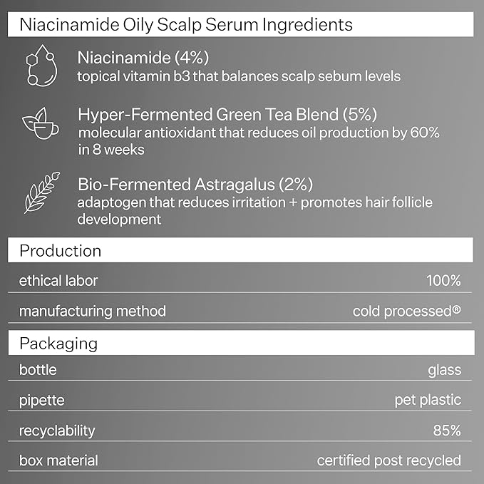 Act+Acre Cold Processed 4% Niacinamide Oily Scalp Serum | Reduces Oil & Odor | Fermented Green Tea + Astragalus | Extends Time Between Washes | Vegan, Fragrance-Free | 2.2 Fl Oz