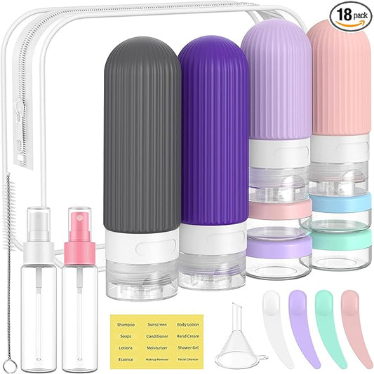 ME.FAN 18 Pack Travel Bottles for Toiletries, TSA Approved Silicone Portable Size Bottle, Refillable Cosmetic Container Kits for Conditioner, Shampoo, Lotion,Face Cream - Purple