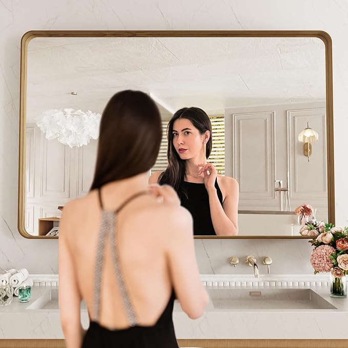 LOAAO 55X36 Inch Bathroom Mirror with Wood Grain Colored Metal Frame, Rounded Rectangle Metal Framed Bathroom Mirror, Anti-Rust, Hangs Horizontally or Vertically, Tempered Glass