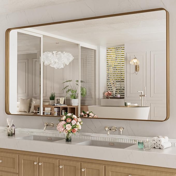 LOAAO 84X32 Inch Bathroom Mirror with Wood Grain Colored Metal Frame, Rounded Rectangle Metal Framed Bathroom Mirror, Anti-Rust, Hangs Horizontally or Vertically, Tempered Glass
