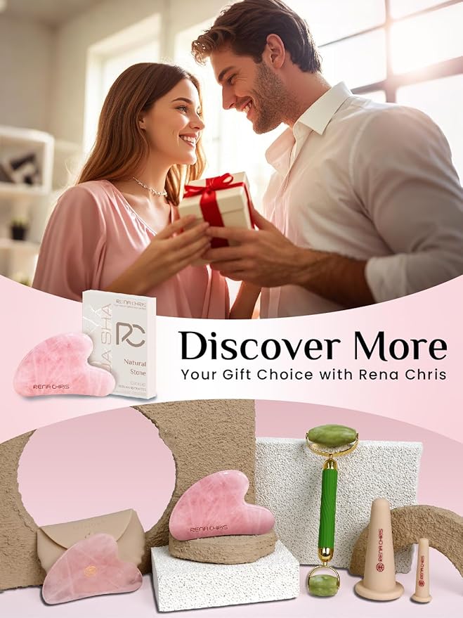 Rena Chris Gua Sha Facial Tools: Natural Rose Quartz Guasha Tool for Face Acupuncture Therapy, Facial Massager for Jawline Sculpting and Puffiness Reducing (Pink)