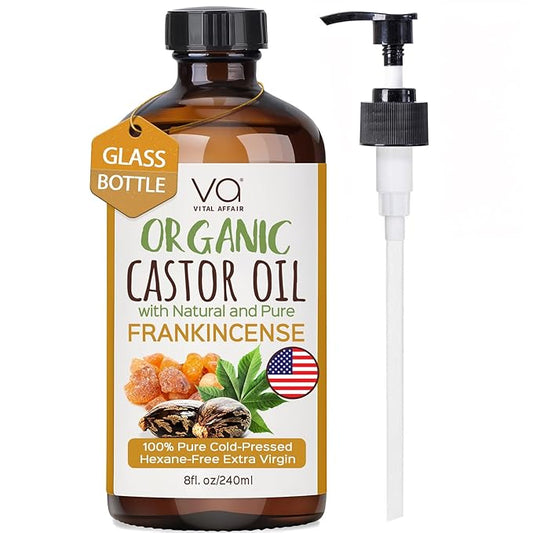 Organic Castor & Frankincense Oil Blend - 100% Pure and Natural, Cold Pressed, Unrefined Glass Bottle Castor and Frankincense Oil For Face & Hair Growth - 8oz