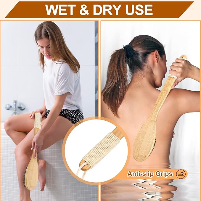 Bamboo Shower Brush with Curved Long Handle, 16.7 Inches Exfoliating Back Scrubber with Natural Bristles for Men & Women, Back Exfoliator Body Washer for Bath or Dry Brushing