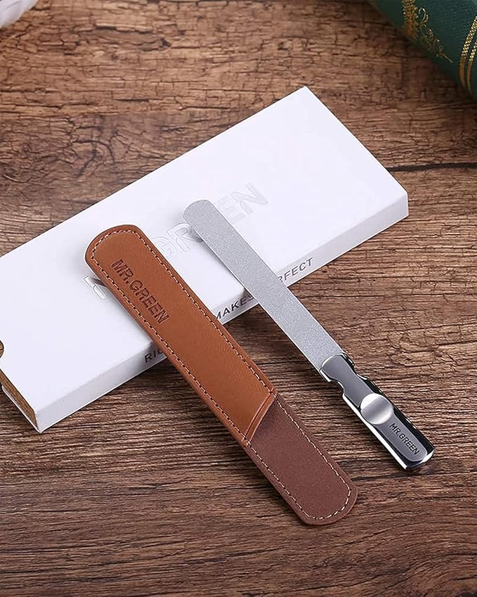 Stainless Steel Nail File with Anti-Slip Handle and Leather Case, Double Sided and Files Nails Easily for Men and Woman