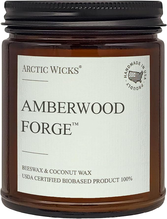 Arctic Wicks Scented Coconut Beeswax Candles | Coconut Beeswax Non Toxic Candle 9oz Amber | Farmhouse Candles Non-Toxic Clean Burn 100% USDA Certified Biobased (Amberwood Forge)