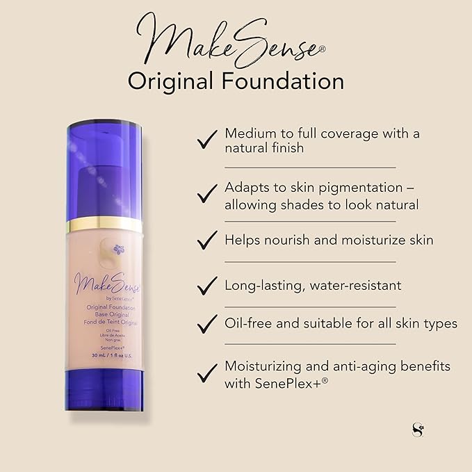 SeneGence MakeSense Original Foundation, Beige Chiffon, 1 Fl Oz, Long-Lasting Oil-Free Formula with Skin-Nourishing Ingredients, Water-Resistant