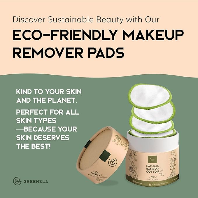Greenzla Reusable Makeup Remover Pads (20 Pack) Washable Laundry Bag & Round Box for Storage, Reusable Bamboo Cotton Rounds for All Skin Types