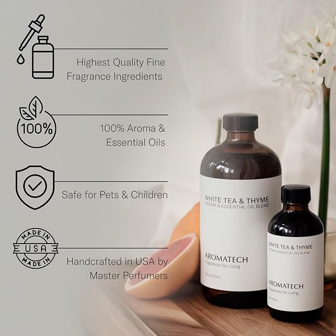 AromaTech White Tea and Thyme Aroma Essential Oil Blend: Luxury Hotel Inspired Aromatherapy with Tea Leaf, Fresh Thyme & Amber for Ultrasonic Diffusers & Nebulizers - 4 fl oz, 120 ml