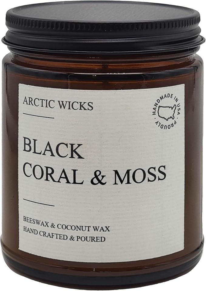 Arctic Wicks Scented Coconut Beeswax Candles | Coconut Beeswax Non Toxic Candle 9oz Amber | Farmhouse Candles Non-Toxic Clean Burn 100% USDA Certified Biobased (Black Coral & Moss)