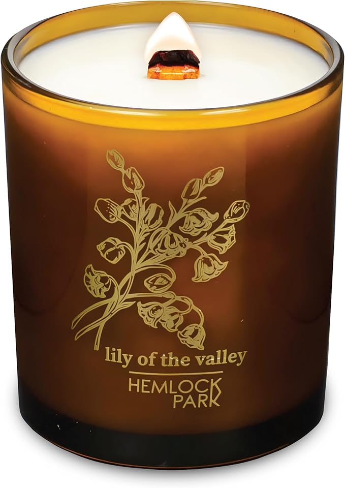 Hemlock Park Amber & Gold Wood Wick Candle Handcrafted with Natural Coconut Wax (Large 14 oz, Lily of The Valley)