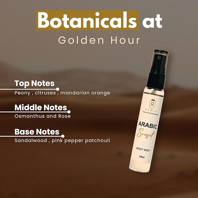 Arabic Sunset Body Mist – Long-Lasting Fragrance Spray with Jasmine, Ginger, Vanilla & Sandalwood – Paraben-Free, Clean Scent for Women & Men, 10ml