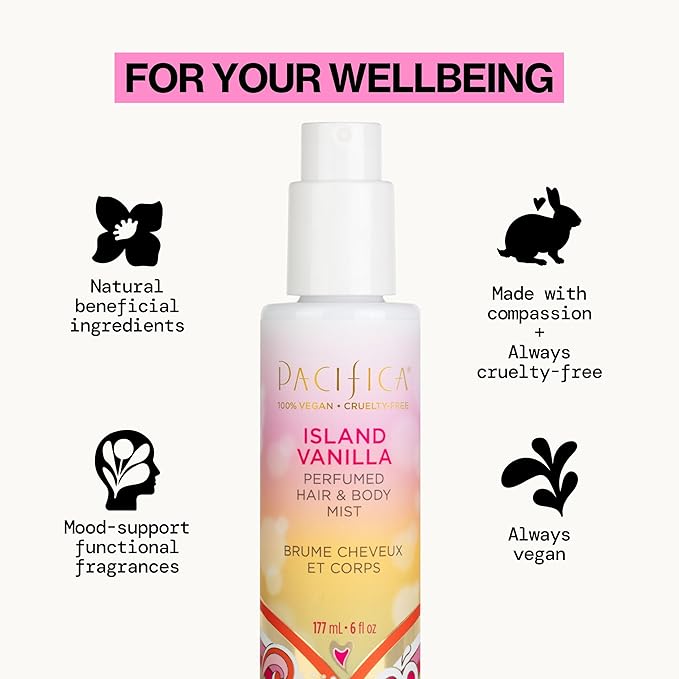 Pacifica Island Vanilla Hair Mist Perfume and Full Body Spray for Women - Fragrance Spray for A Mood-Lifting Experience, Paraben-Free, Clean Beauty No Alcohol, Vegan & Cruelty-Free, 6 oz oz