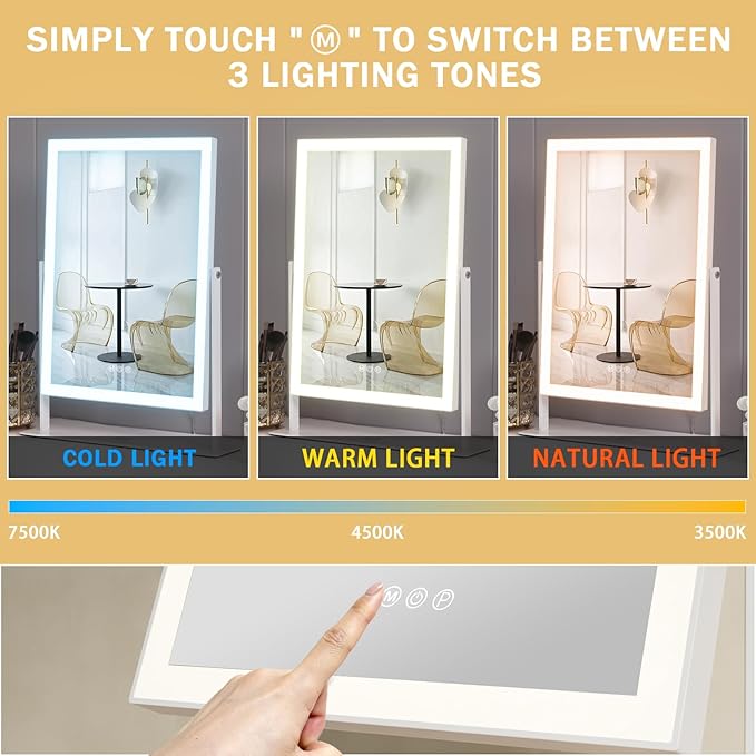 FENCHILIN Vanity Mirror with Lights 16.14" x 11.81",Lighted Makeup Mirror and Hollywood Mirror with Smart Touch Control 3 Colors Dimmable LED Light, 360°Rotation 10X Magnification(White)