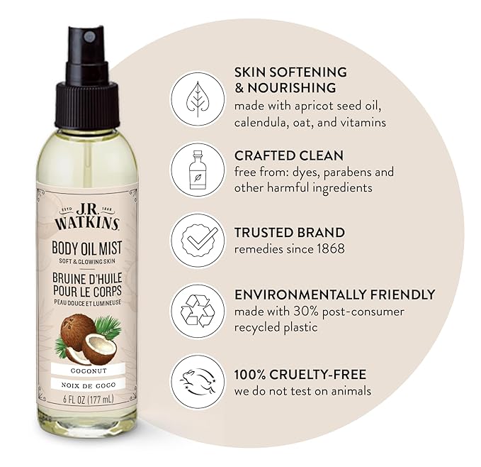 J.R. Watkins Naturally Hydrating Body Oil Mist, Coconut, 6 fl oz, 2 Pack