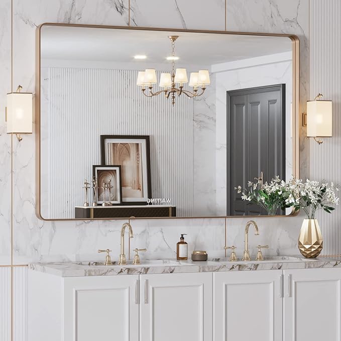 LOAAO 48”X32” Gold Bathroom Mirror, Rounded Rectangle Gold Frame Mirror, Brushed Gold Bathroom Vanity Mirror Wall-Mounted, Anti-Rust, Tempered Glass, Hangs Horizontally or Vertically