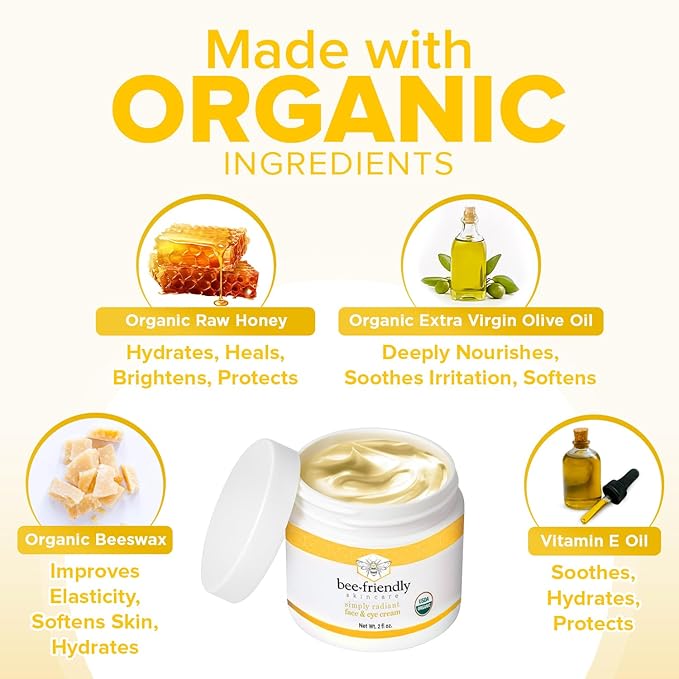 BeeFriendly Organic Face and Eye Cream, USDA Certified Organic Facial Moisturizer, All In One Natural Face, Eye, Neck, Decollete Cream Reduces Wrinkles & Lines, 2 oz