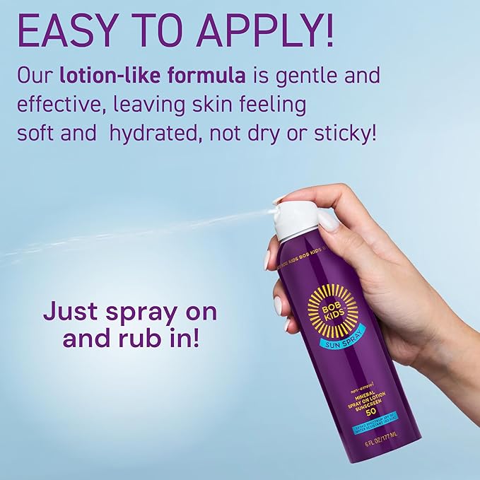 BOB KIDS SPF 50 Sun Spray, Mineral Sunscreen, Non Aerosol Continuous Spray, Water Resistant, Reef Friendly, 6 oz
