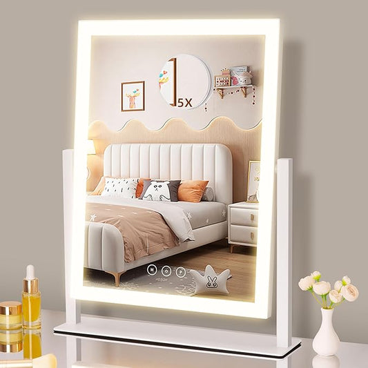 Lighted Makeup Mirror, Hollywood Vanity Mirror with Lights, Three Color Lighting Modes, and 5X Magnification Mirror, Smart Touch Control, 360°Rotation