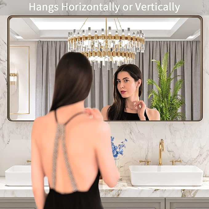 LOAAO 55”X30” Bronze Bathroom Mirrors for Vanity, Rounded Rectangle Brushed Bronze Metal Frame Mirror, Anti-Rust, Tempered Glass, Hangs Horizontally or Vertically