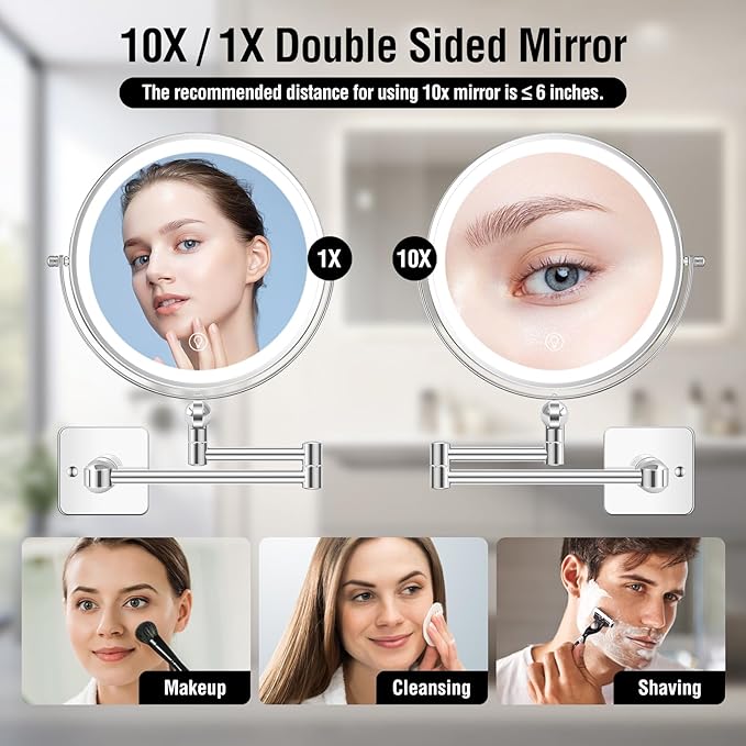 10x Large Wall Mounted Makeup Mirrror, Height Adjustable Lighted Mirror, 8" Double Sided Mirror, 1X/10X Magnifying Bathroom Mirror, 360° Rotation Adjustable, Detachable Ring, 3 Color Lights