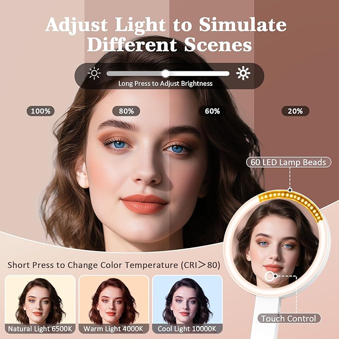 Travel Makeup Mirror with 3 Color Lights, 15X/1X Double Sided Lighted Magnifying Mirror, Portable Handheld Mirror, 3 in 1 Tabletop/Handheld/Hanging, Ideal Gift for Women in Home, Office, Trip, White