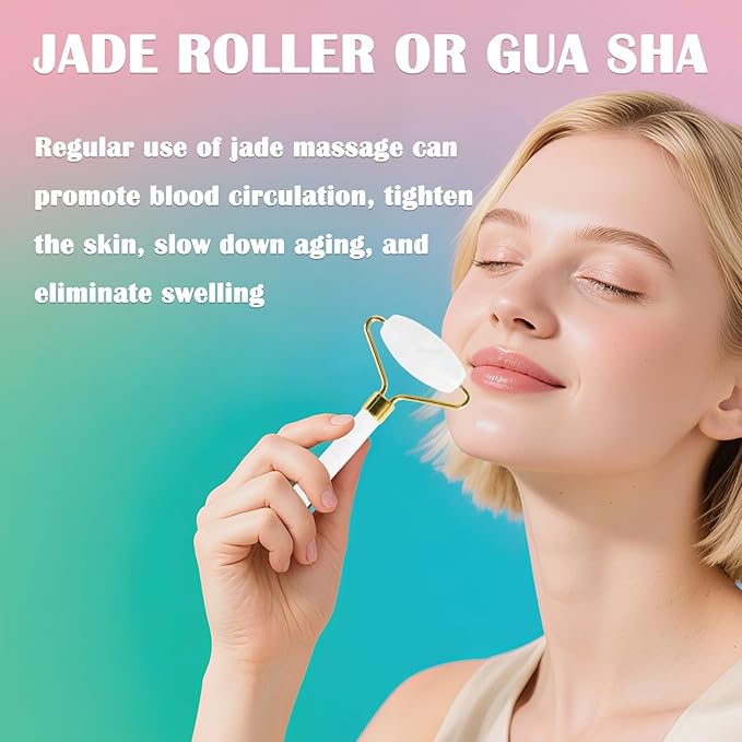 Natural Jade Roller & Gua Sha Set for Face, Facial Massager Tool for Skin Tightening, Anti-Aging, Puffiness Relief, Lymphatic Drainage - Spa Skincare Gift Set for Women (White)
