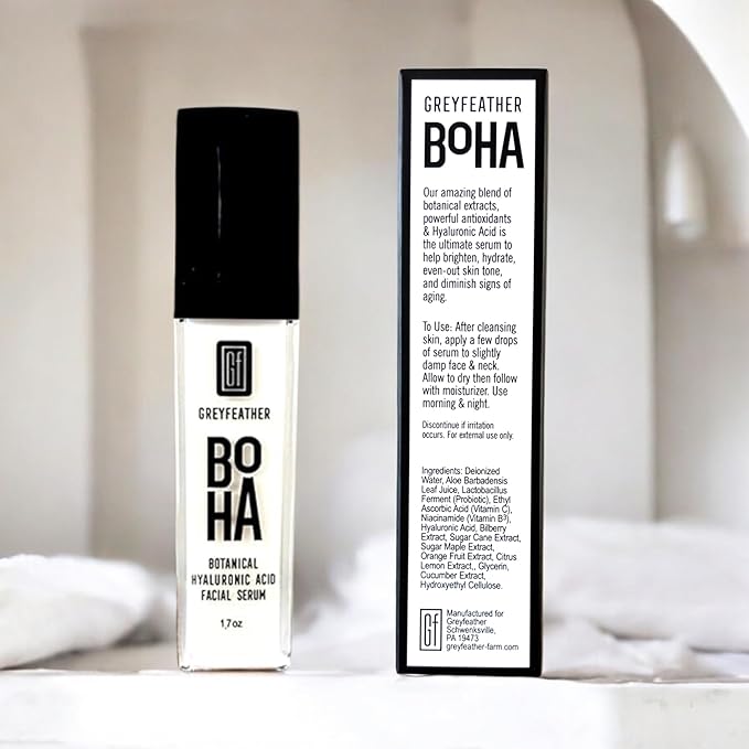 Greyfeather BOHA Hyaluronic Acid Serum for Face – Botanical Hydration with Vitamin C & E – Anti-Aging Facial Serum for Fine Lines, Wrinkles, Dry Skin – Vegan & Fragrance-Free, 1.7oz