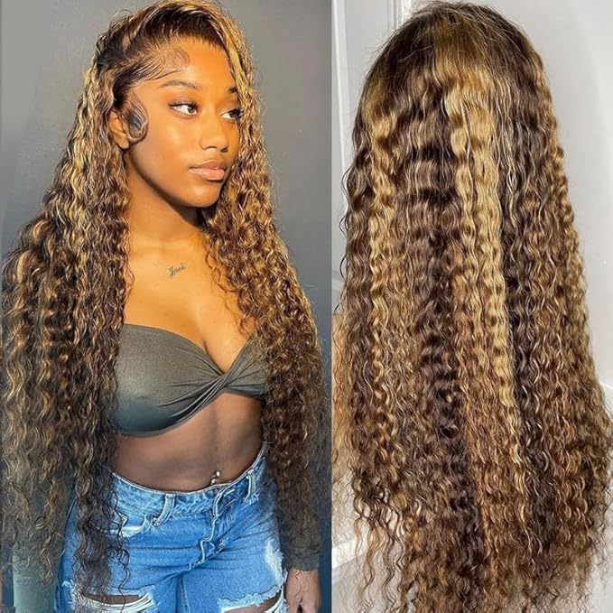 Honey Blonde Deep Wave Lace Front Wigs Human Hair Highlight Ombre 13x6 HD Transparent Lace Frontal Wig Pre Plucked with Baby Hair 180% Density 4/27 Colored Deep Curly Wigs for Women 30 Inch