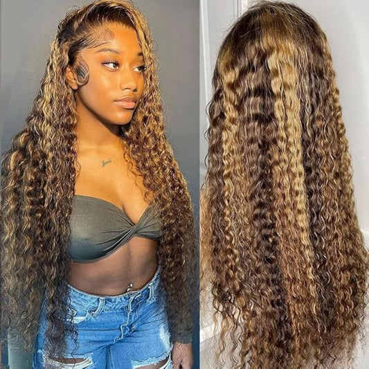 Honey Blonde Deep Wave Lace Front Wigs Human Hair Highlight Ombre 13x6 HD Transparent Lace Frontal Wig Pre Plucked with Baby Hair 180% Density 4/27 Colored Deep Curly Wigs for Women 30 Inch