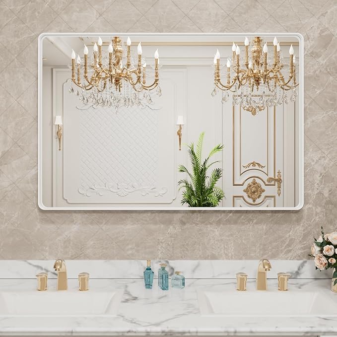 LOAAO 48x32 Inch White Metal Framed Bathroom Mirror for Wall, White Bathroom Vanity Mirror Farmhouse, Large Rounded Rectangle Mirror, Anti-Rust, Tempered Glass, Hangs Horizontally or Vertically