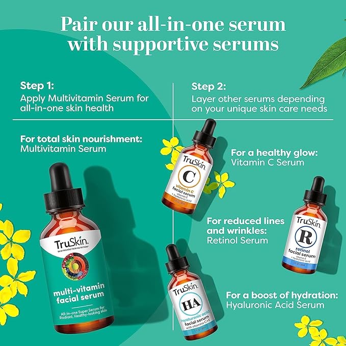 TruSkin Facial Serum with 11 Plant-Derived Vitamins & Minerals for Radiant, Healthy-Looking Skin – Powerful Antioxidants and Nourishing Vitamins for Skin Nutrition, 1 fl oz