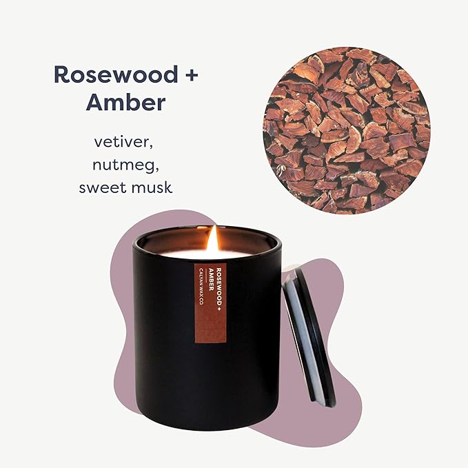 Calyan Wax Co. Rosewood & Amber Scented Candle - 75 Hour Burn - Luxury Non Toxic Soy Wax Candles - Long Lasting Black Tumbler Jar Candle for Home - 10.2oz