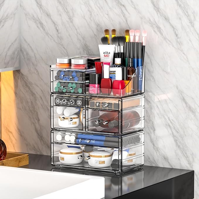 Cq acrylic Clear Make up Organizers for Vanity,Skincare Organizer With 8 Drawers for Dresser,Plastic Cute Desk Accessories Organization and Bathroom Organizers Storage Case Box for Beauty,Skin Care