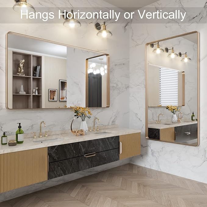 LOAAO 55”X30” Gold Bathroom Mirror, Rounded Rectangle Gold Frame Mirror, Brushed Gold Bathroom Vanity Mirror Wall-Mounted, Anti-Rust, Tempered Glass, Hangs Horizontally or Vertically