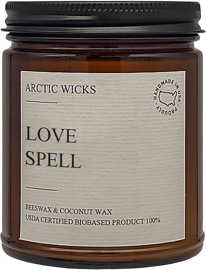 Arctic Wicks Scented Coconut Beeswax Candles | Coconut Beeswax Non Toxic Candle 9oz Amber | Farmhouse Candles Non-Toxic Clean Burn 100% USDA Certified Biobased (Love Spell)