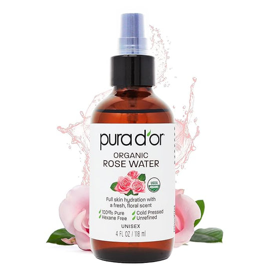PURA D'OR 4 Oz Organic Rose Water Toner - USDA Certified 100% Pure Full Skin Hydration, Control Excess Oils- Cleanses & Softens - Promotes Healthy Skin - for All Skin Types (Packaging May Vary)