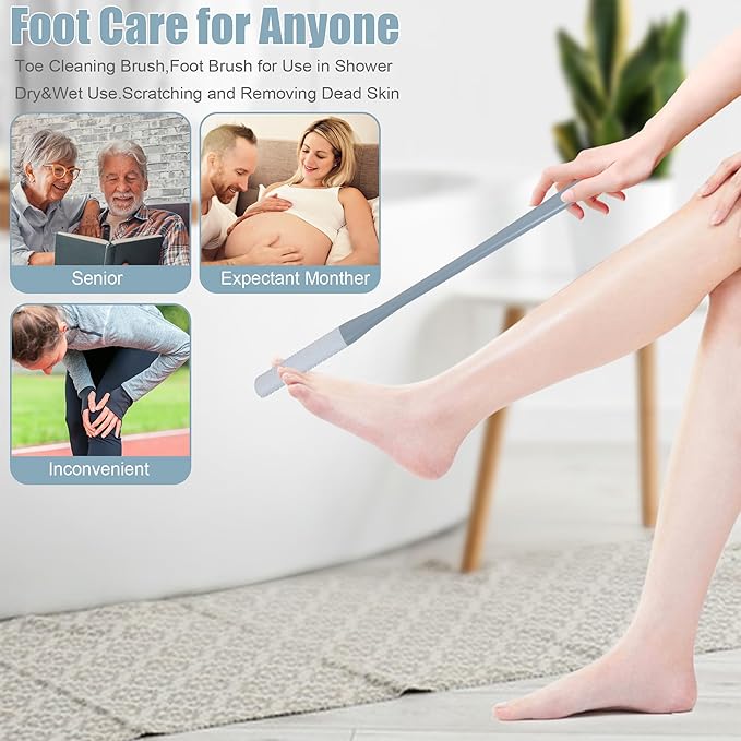 OWIIZI Toe Cleaning Brush 15.7" Foot Scrubber in Shower with Long Handle Silicone Gap Brush Between Toes Cleaner Soft Feet Care Scrub for Seniors,Elderly, Men and Women- 2Pack