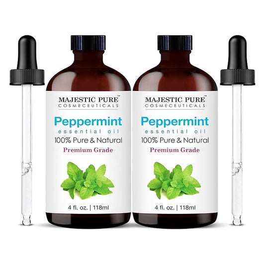 Majestic Pure Essential Oil with Glass Dropper - 100% Pure and Natural - Essential Oils for Diffuser, Aromatherapy, Soap and Candle Making, Peppermint Essential Oil, Peppermint Oil, 4 Fl Oz Pack of 2
