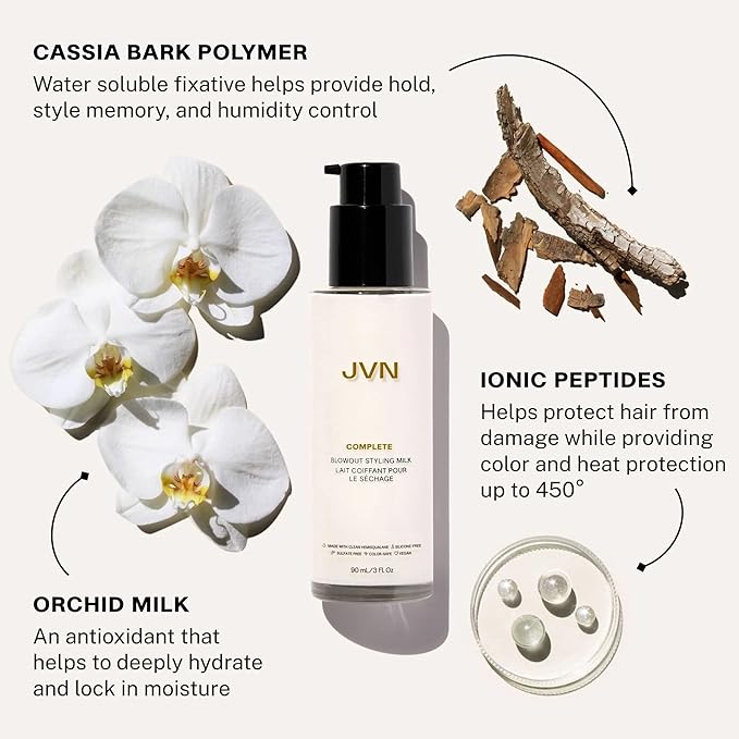 JVN Complete Blowout Styling Milk Heat Protector Cream, Style Memory, Anti-Humidity, Smooths & Protects, 3 Fluid Ounces