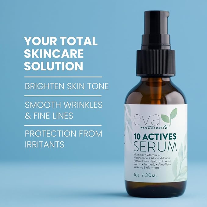 Eva Naturals 10 Actives Serum – Vitamin C, Niacinamide, Hyaluronic Acid, Turmeric, CoQ10 – Natural Anti Aging Face Serum for Dark Spots, Wrinkles, Acne, Skin Care & Facial Spot Remover