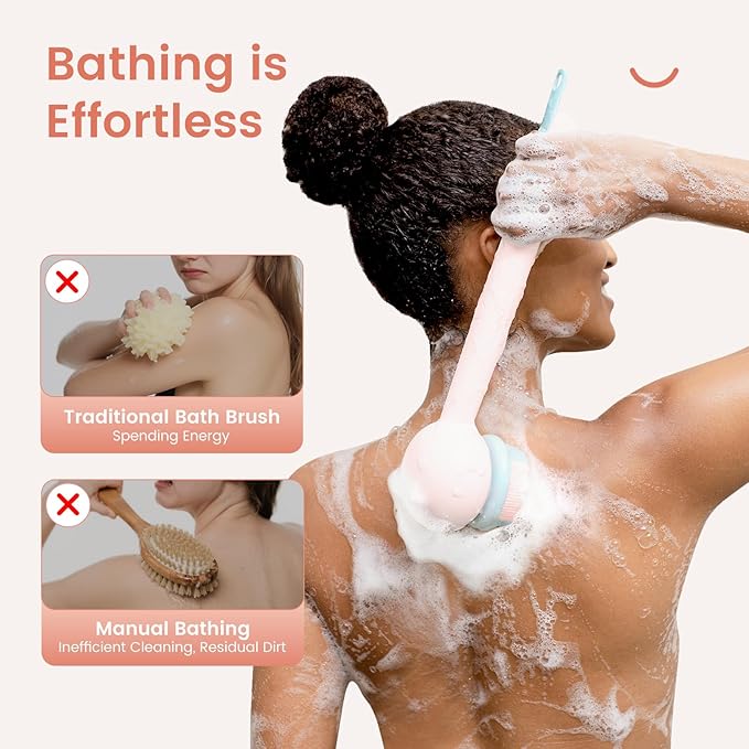 Electric Back Scrubber for Shower Body Brush, Waterproof Shower Body Scrubber for Cleansing, Massaging, Rechargeable Spinning Bath Brush for Kids with 2 Heads & 3 Speed Modes, Berry Pink XY0