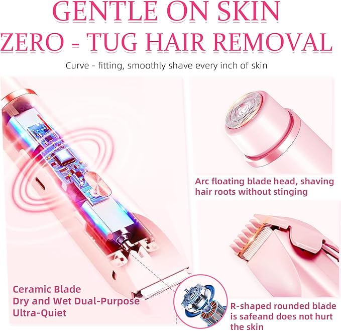 Bikini Trimmer for Women, 2 in 1 Electric Razors for Women, Dermave Bikini Shaver, IPX7 Waterproof & Easy Cleaning, Ceramic Blade, 120 Min Cordless Runtime, Ultra Low Silent (Pink).