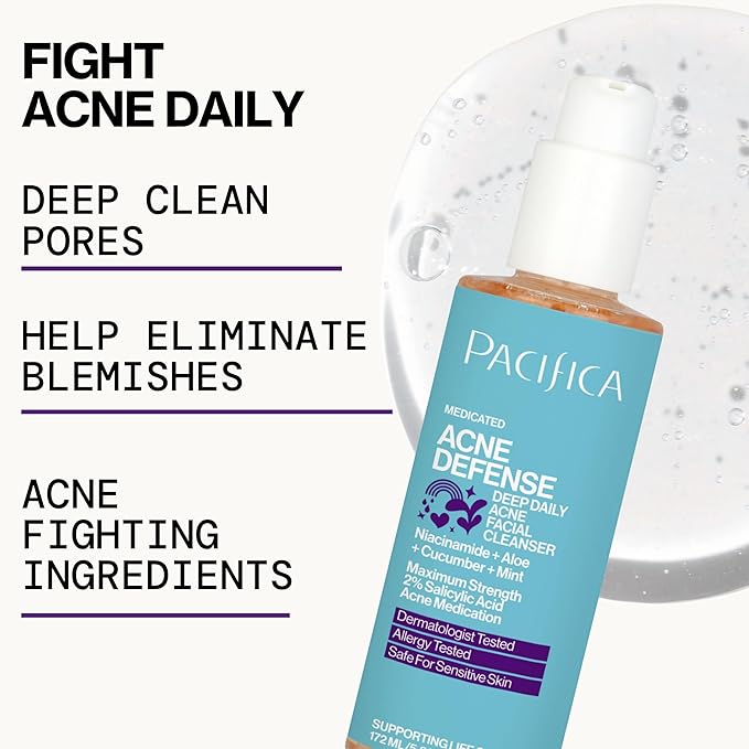 Pacifica Acne Defense Face Wash - Deep Pore Purifying Face Cleanser - w/ 2% Salicylic Acid, Pore Reducing Niacinamide & Inflammation Reducing Cucumber - for Sensitive Skin Vegan Dermatologist Tested